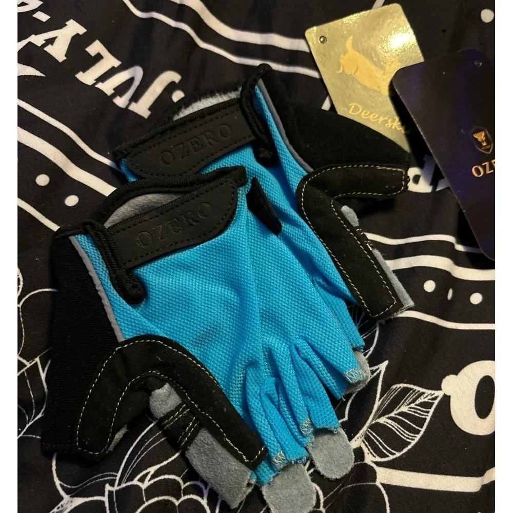 NEW Ozero Deerskin Suede‎ Blue & Black Fingerless Cycling Gloves, Small